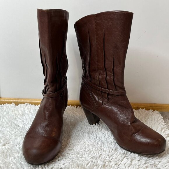 Frye Lisa Slouchy Pleated Pull On Leather Heeled Boots Mid Calf Brown Size 6‎ - Picture 9 of 16